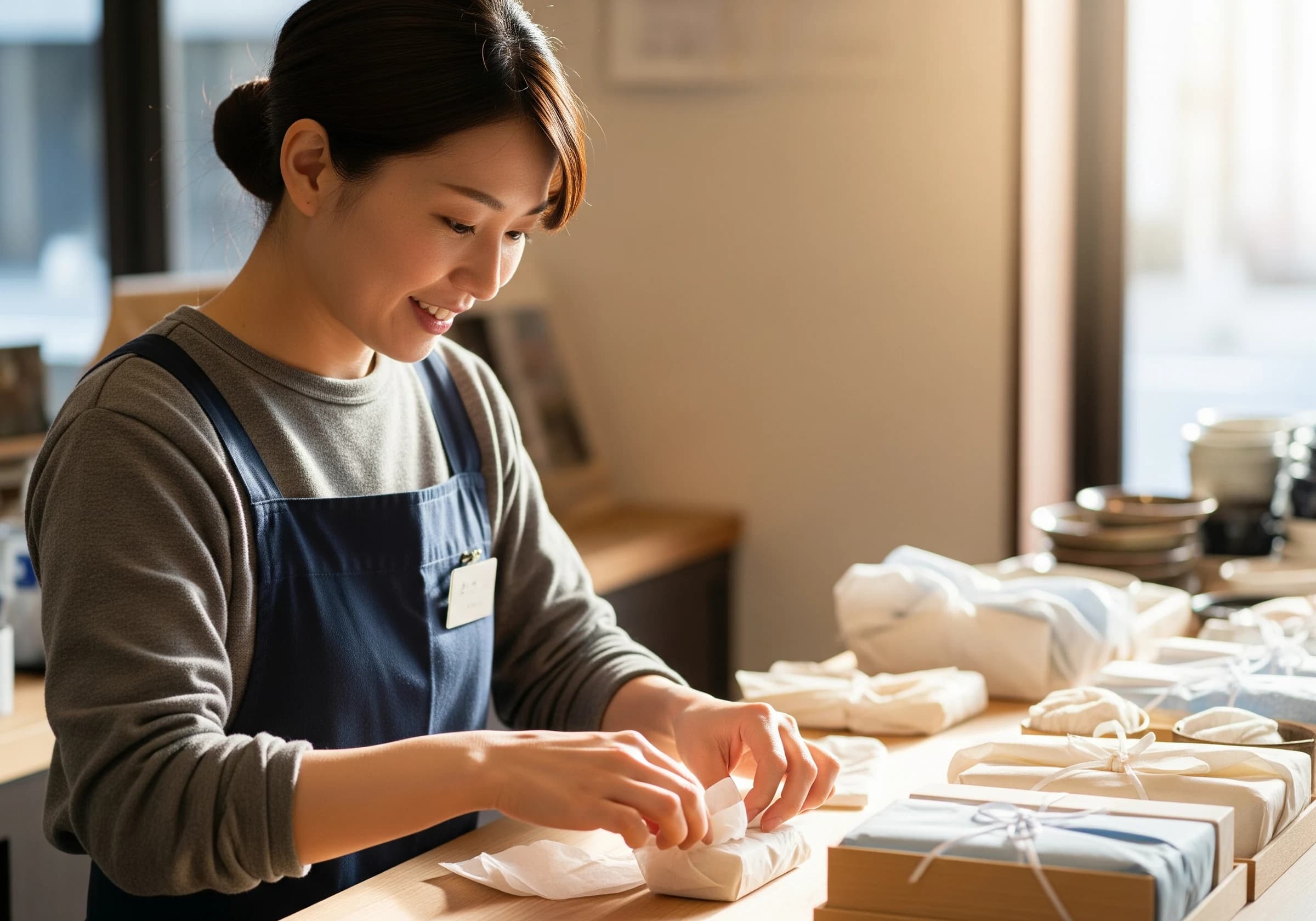 女性スタッフが品物を丁寧に扱う様子